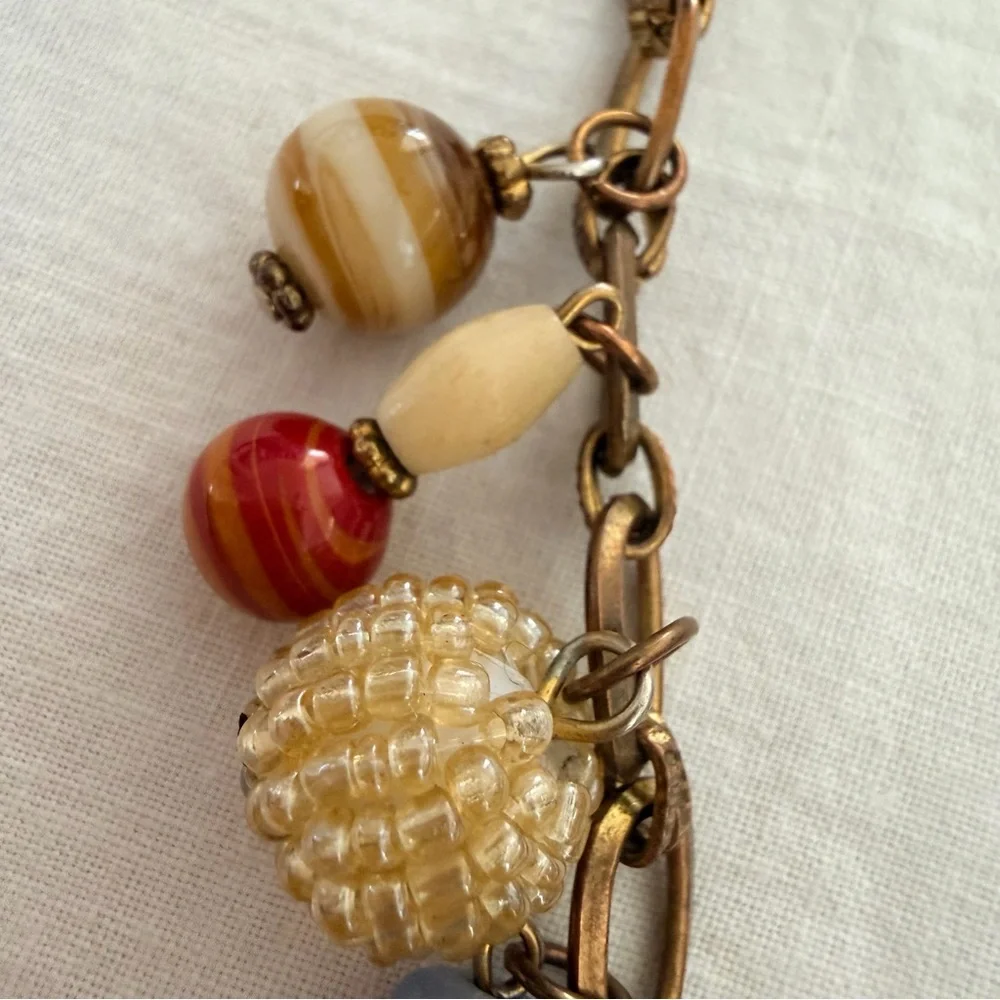 Boho Charm Bracelet Mixed Beads Antiqued Brass Chain Adjustable